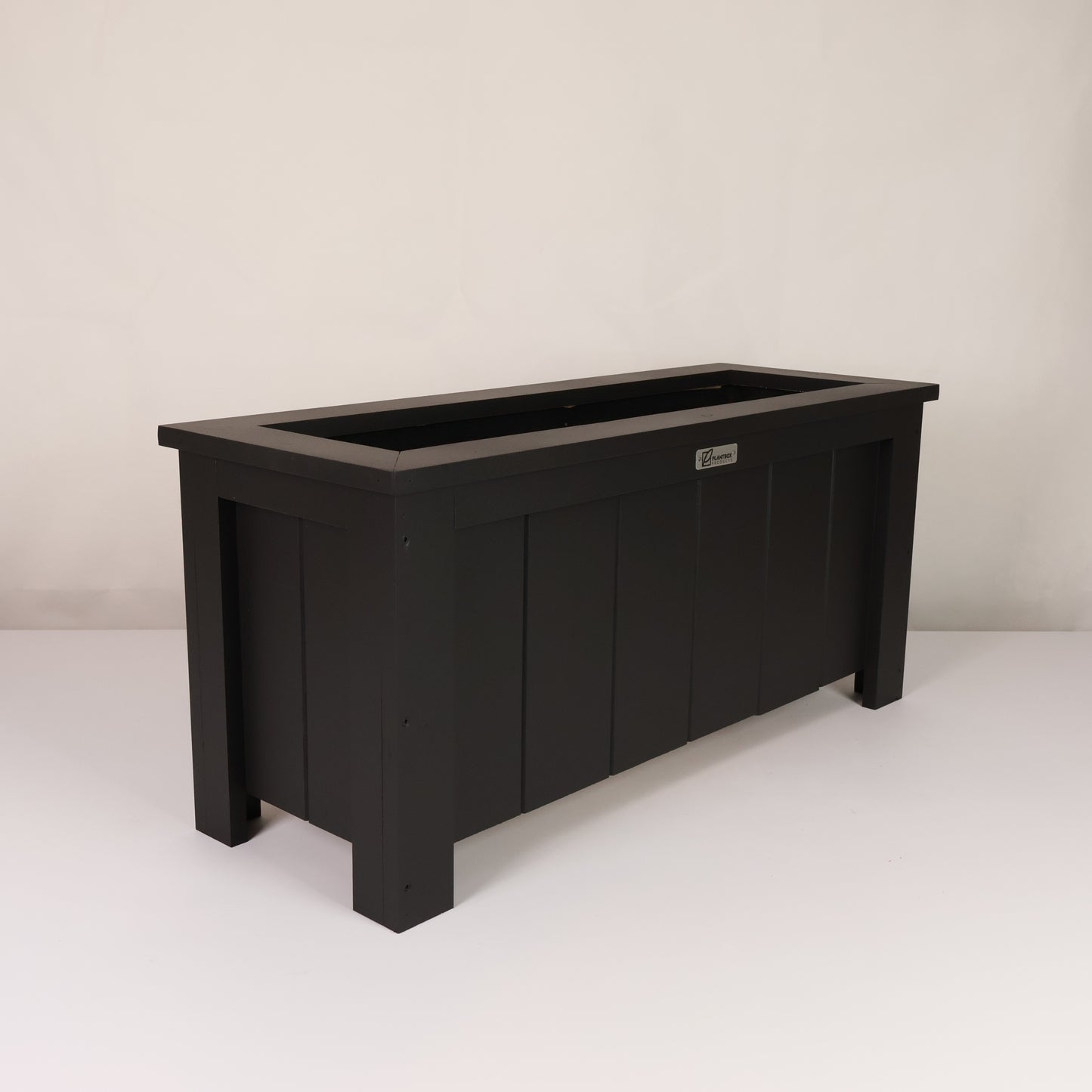 Modern, large, black finish, outdoor planter box, chemical free, made of macrocarpa timber.