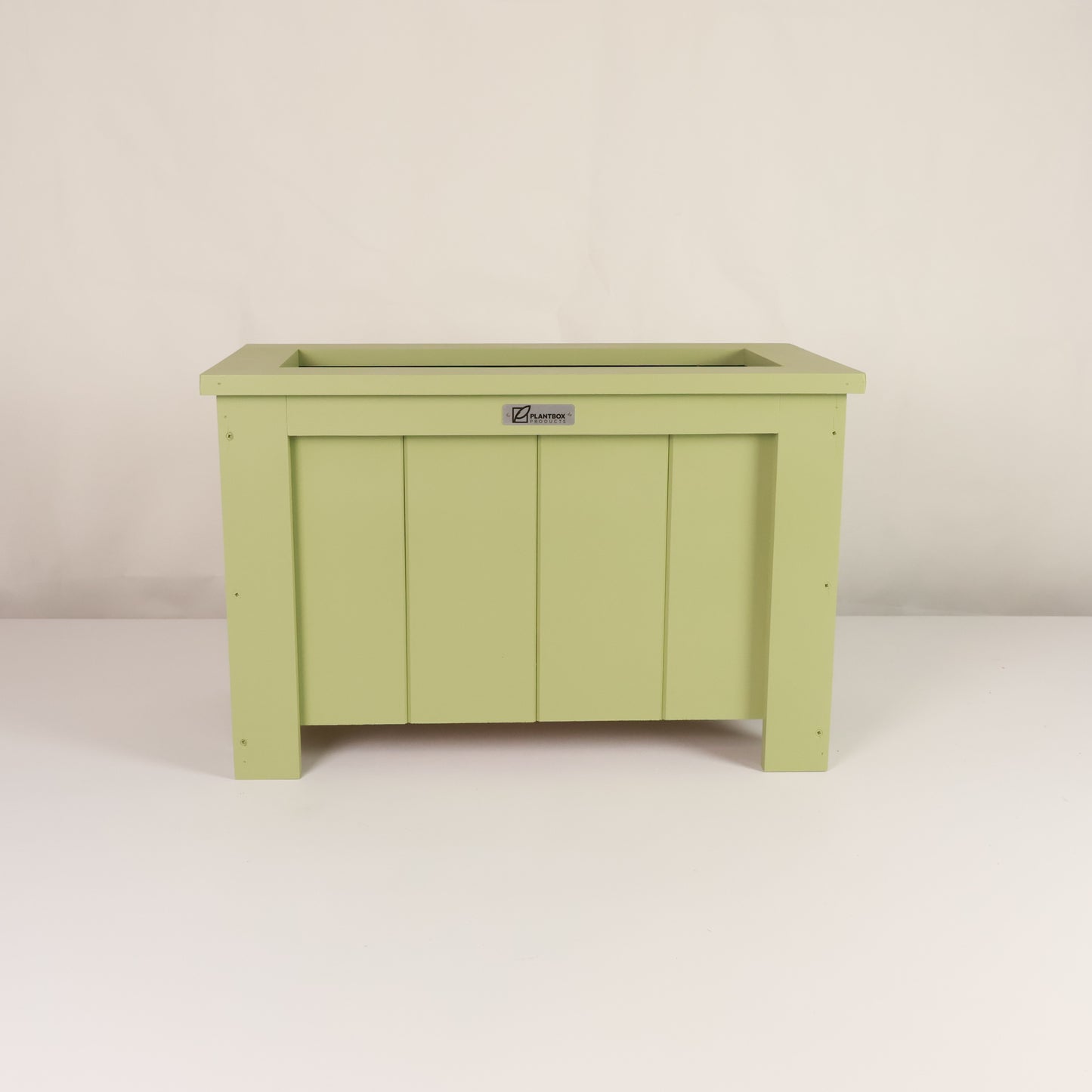 Macrocarpa timber. Modern, large, green coloured outdoor planter box, chemical free. 